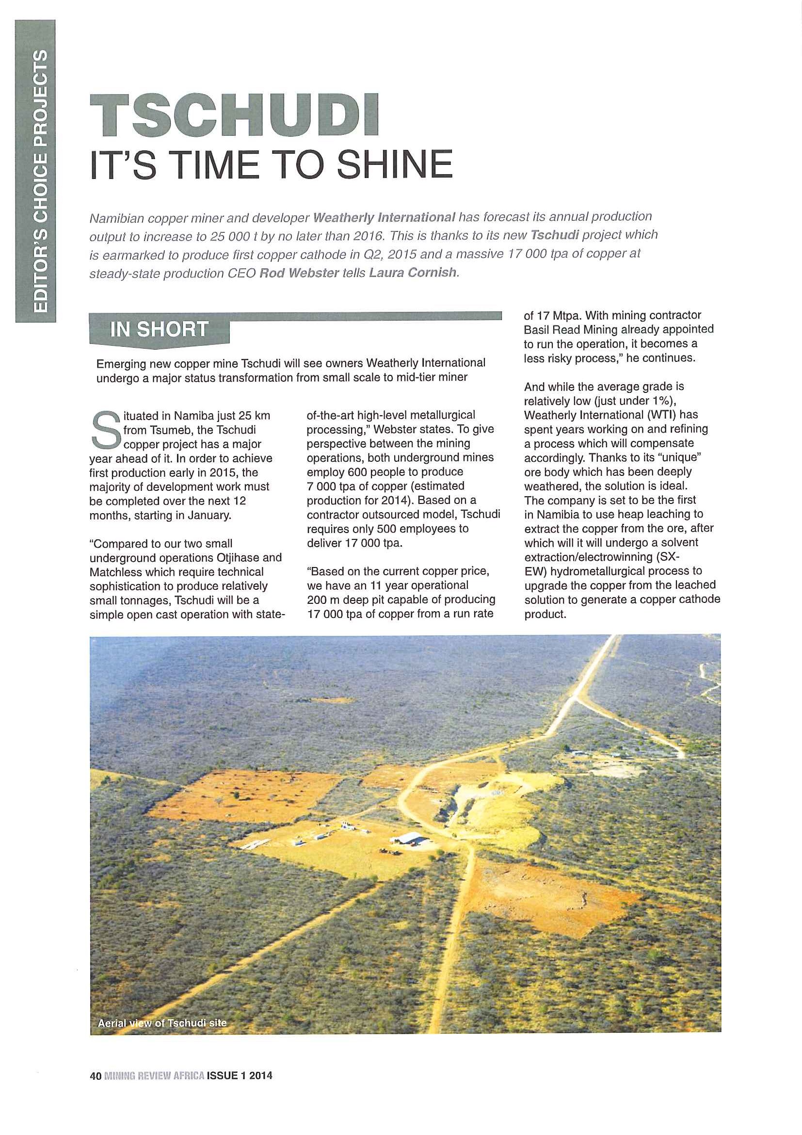 Mining Review Africa on Weatherly’s transformational Tschudi Copper Project
